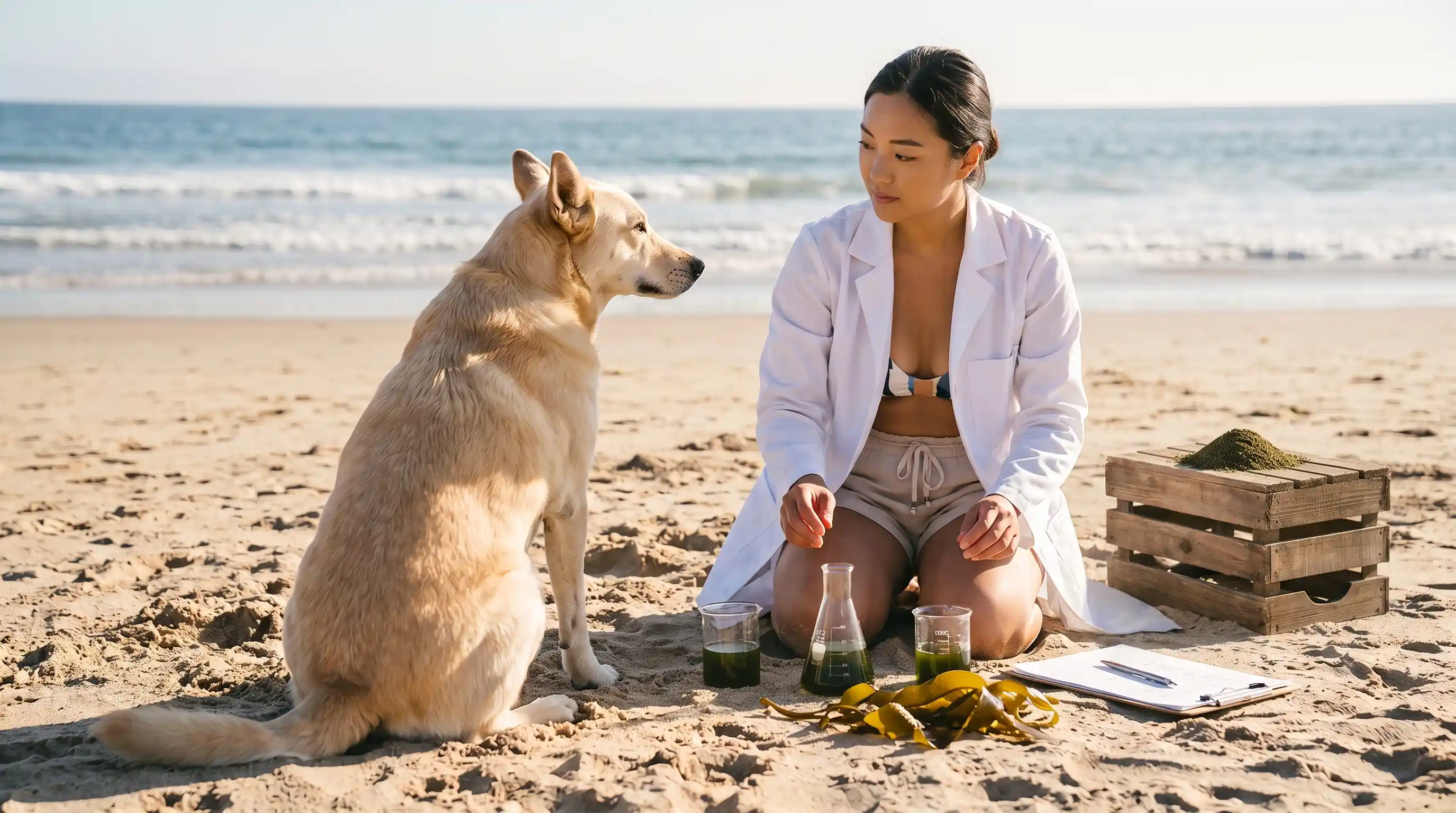 Seaweed for dogs’ teeth science and benefits - marine researcher studying Ascophyllum nodosum kelp on beach with Ash